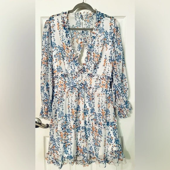 Floral Deep V Neck Open Back Ruffle Dress in Blue and Orange Large - Picture 1 of 2